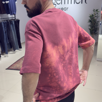 Oversize Yıkamalı Üç İplik Ham Kumaş Desenli Nakışlı Tişört Gül Kurusu 