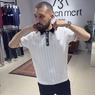 Regular Fit Polo Yaka Örgü Triko Tişört Beyaz (Premium) 