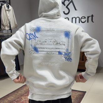 Oversize Baskılı Nakışlı Hoodie Açık Gri
