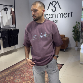 Oversize Silikon Baskı Detaylı Yıkamalı Tişört Bordo