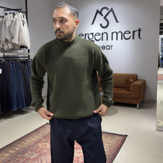 Oversize Nakışlı Örme Kazak Haki 