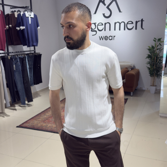 Regular Fit Desenli Triko Tişört Beyaz