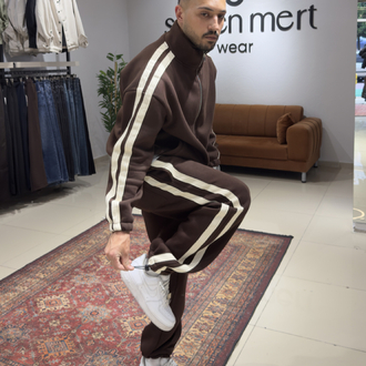 Oversize Şeritli Eşofman Takımı Kahverengi 