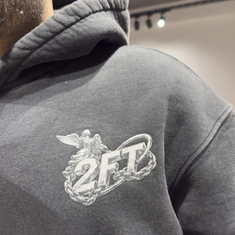 Oversize Yıkamalı Kumaş Baskılı Hoodie Koyu Gri