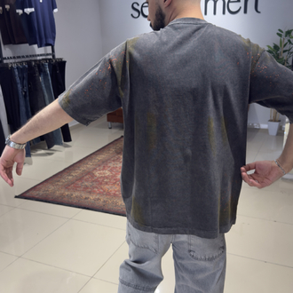 Oversize Baskı Boya Püskürtme Yıkamalı Süprem Tişört Antrasit