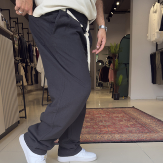 Baggy Kemerli Keten Pantolon Siyah