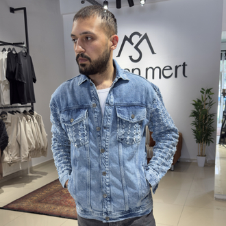 Oversize Kol Detaylı Denim Ceket Buz Mavi