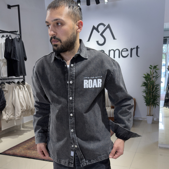 Oversize Baskılı Denim Gömlek Antrasit  