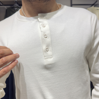 Regular Fitilli Henley Yaka Uzun Kollu Tişört Beyaz