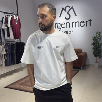 Oversize Baskı Detaylı Tişört Beyaz