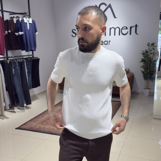 Regular Fit Desenli Triko Tişört Beyaz