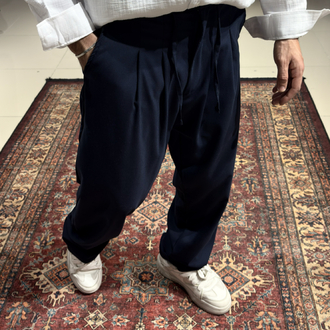 Baggy Pileli Kumaş Pantolon Lacivert