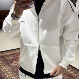 Siyah Şerit Detaylı Fermuarlı Hoodie Set Beyaz