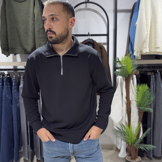 Regular İnterlok Kumaş Yarım Fermuar Sweatshirt Siyah 