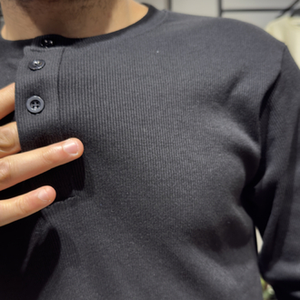 Regular Fitilli Henley Yaka Uzun Kollu Tişört Siyah