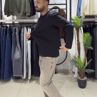 Regular Fitilli Henley Yaka Uzun Kollu Tişört Siyah