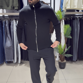 Regular Fit Çift Fermuar Triko Hırka Siyah