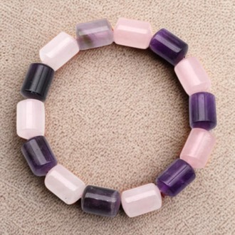 A Kalite Ametist ve Pembe Kuvars Doğal Taş Bileklik - 10 x 14 mm Silindir Kesim