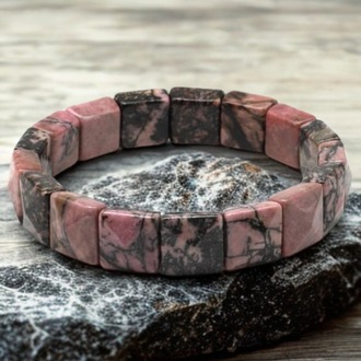 Rodonit Doğal Taş Bileklik - 12x12 mm Özel Kare Kesim
