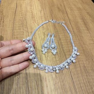 Zirkon Taşlı İncili Gelin Takı Seti - Özel Tasarım Kolye ve Küpe Takımı