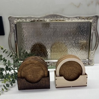 El Yapımı Huş Ağacı Ahşap Bardak Altlığı Seti | 6’lı + Stand | 10 cm | Doğal & Şık