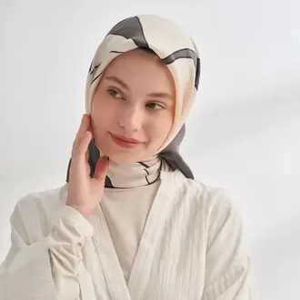 ARMANDA - 4355 İnaya Desen Twill İpek Eşarp - Bej-Füme