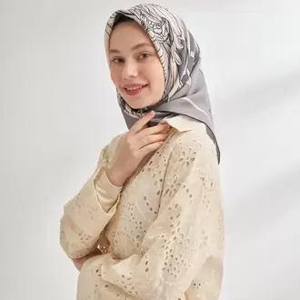 ARMANDA - 4356 Ivory Desen Twill İpek Eşarp - Gri