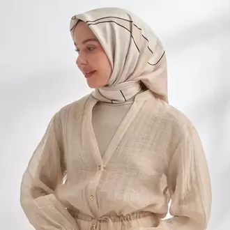 ARMANDA - 4355 İnaya Desen Twill İpek Eşarp - Bej-Vizon