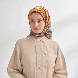 ARMANDA - 4356 Ivory Desen Twill İpek Eşarp - Vizon Orange