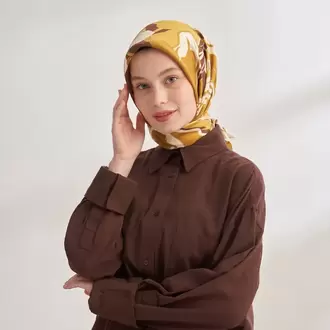 ARMANDA - 4351 Dahlia Desen Twill İpek Eşarp - Yağ Yeşili