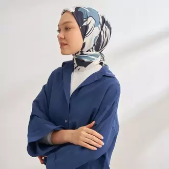 ARMANDA - 4351 Dahlia Desen Twill İpek Eşarp - Lacivert