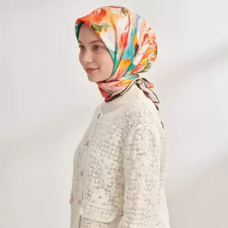ARMANDA - 4359 Abstract Bloom Desen Twill İpek Eşarp - Pembe