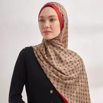 ARMANDA - 3361 Monogram Desen Şal - Bej - Kırmızı