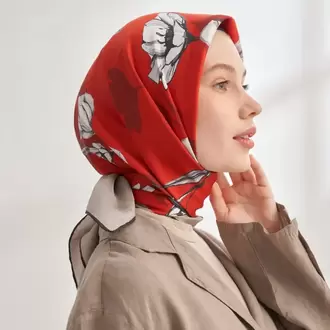 ARMANDA - 4333 Plumeria Desen Twill İpek Eşarp - Kırmızı