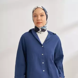 ARMANDA - 4351 Dahlia Desen Twill İpek Eşarp - Lacivert