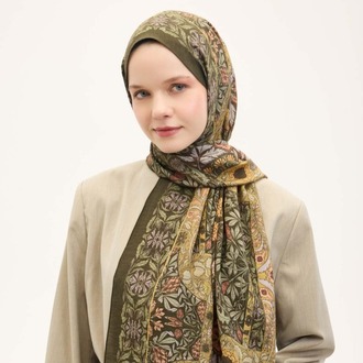 SİLK HOME - Urban Hours Floral Motif Desen Asker Yeşili Mayda Şal 190x70