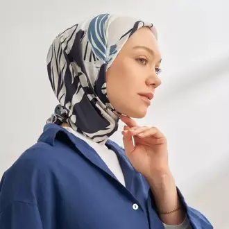 ARMANDA - 4351 Dahlia Desen Twill İpek Eşarp - Lacivert