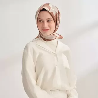 ARMANDA - 4351 Dahlia Desen Twill İpek Eşarp - Kahve