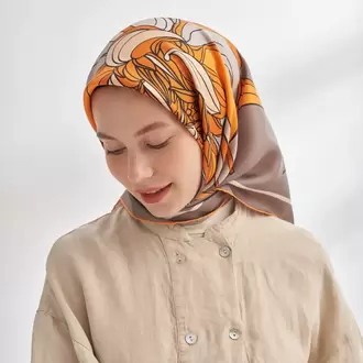 ARMANDA - 4356 Ivory Desen Twill İpek Eşarp - Vizon Orange