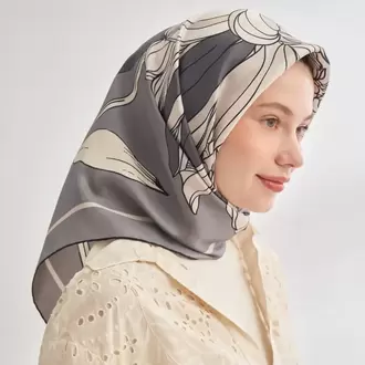 ARMANDA - 4356 Ivory Desen Twill İpek Eşarp - Gri