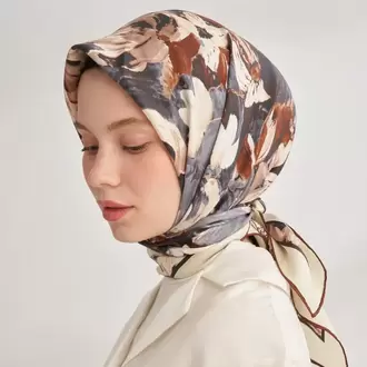 ARMANDA - 4359 Abstract Bloom Desen Twill İpek Eşarp - Gri Kahve