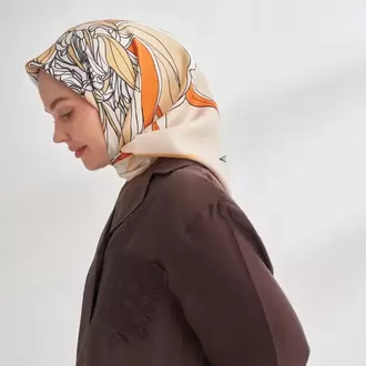ARMANDA - 4356 Ivory Desen Twill İpek Eşarp - Bej Orange