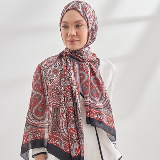 ARMANDA - 6035 Pashmina Desen Şal - Siyah Kırmızı