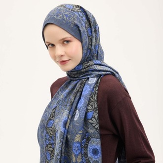 SİLK HOME - Urban Hours Floral Motif Desen Indigo Mayda Şal 190x70