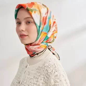 ARMANDA - 4359 Abstract Bloom Desen Twill İpek Eşarp - Pembe