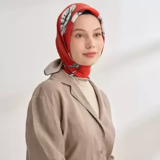ARMANDA - 4333 Plumeria Desen Twill İpek Eşarp - Kırmızı