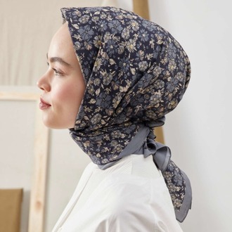 FRESH SCARFS - Blooming Garden Desen Pamuk İpek Eşarp - Lacivert