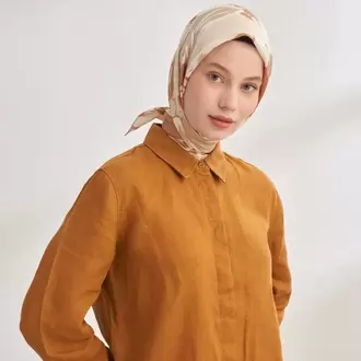 ARMANDA - 4351 Dahlia Desen Twill İpek Eşarp - Bej