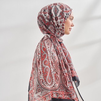 ARMANDA - 6035 Pashmina Desen Şal - Siyah Kırmızı