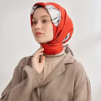 ARMANDA - 4333 Plumeria Desen Twill İpek Eşarp - Kırmızı